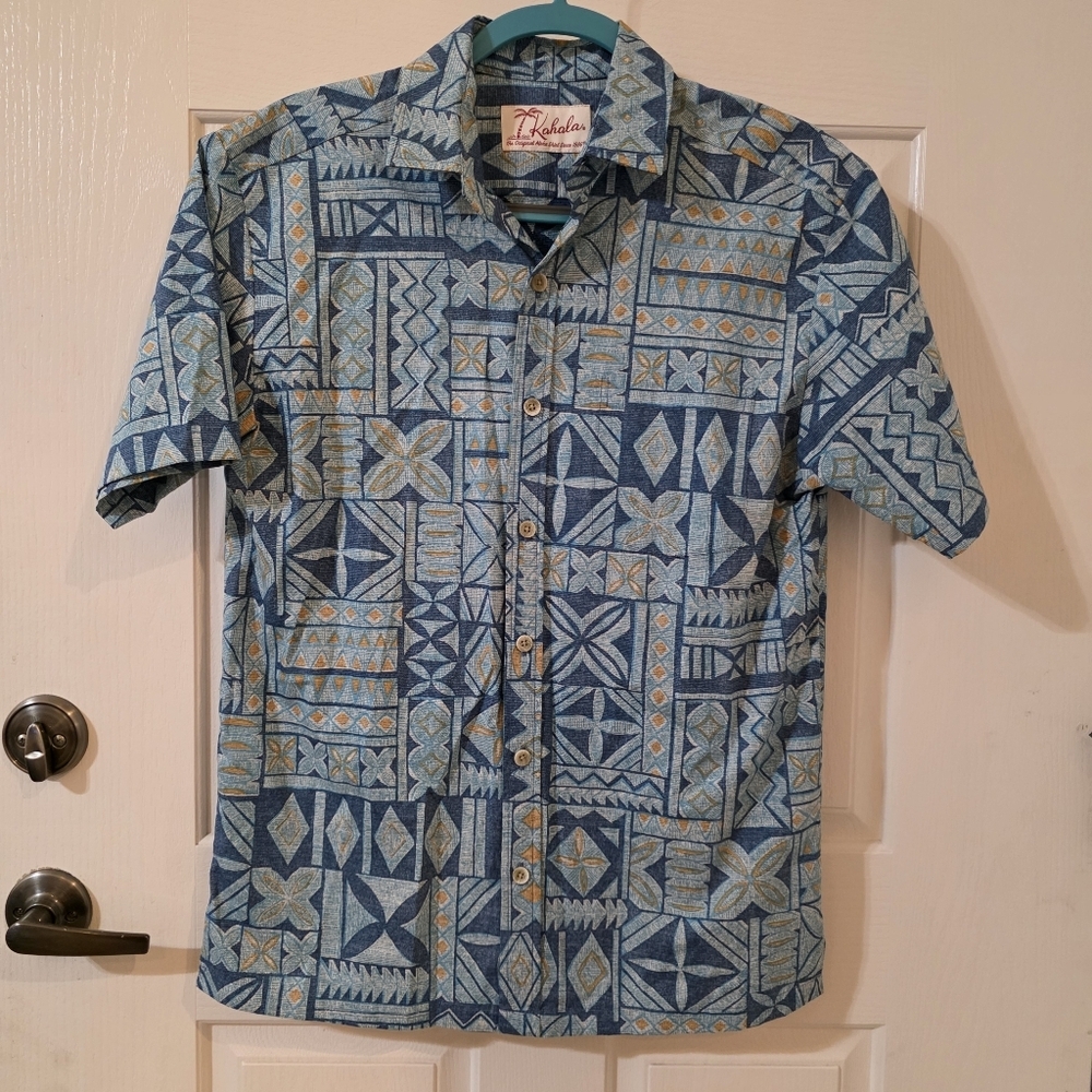 Kahala Men's Geometric Blue and Orange Casual Shirt